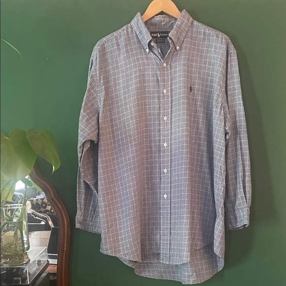 Ralph Lauren Yarmouth Mens 17/33 Navy & Blue Houndstooth Plaid 100% Cotton Woven - Picture 1 of 7